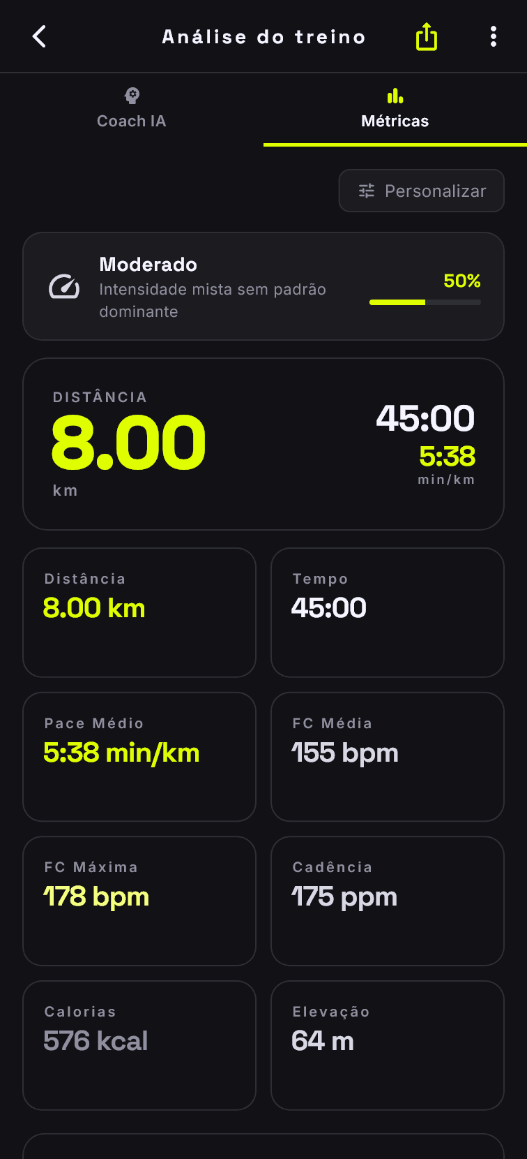 Tela de análise de treino do 321VAI mostrando distância, tempo, pace médio, frequência cardíaca, cadência, calorias e elevação de uma corrida de 8 km.